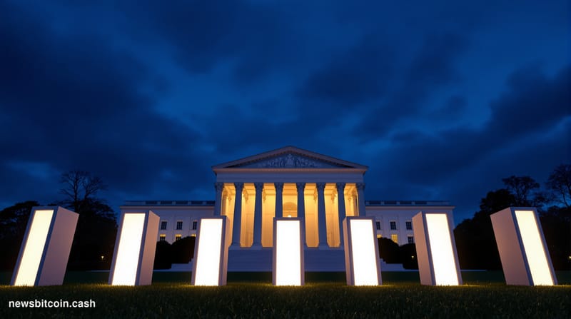 Cinematic photorealistic editorial photograph shot from a low angle looking up at the White House's North Portico at dusk, wa