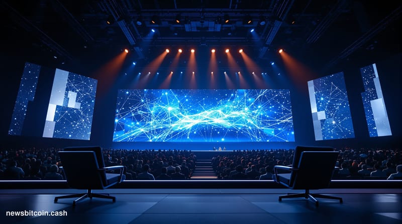 Cinematic photorealistic editorial photograph taken at a large-scale technology conference venue in Singapore, consistent wit