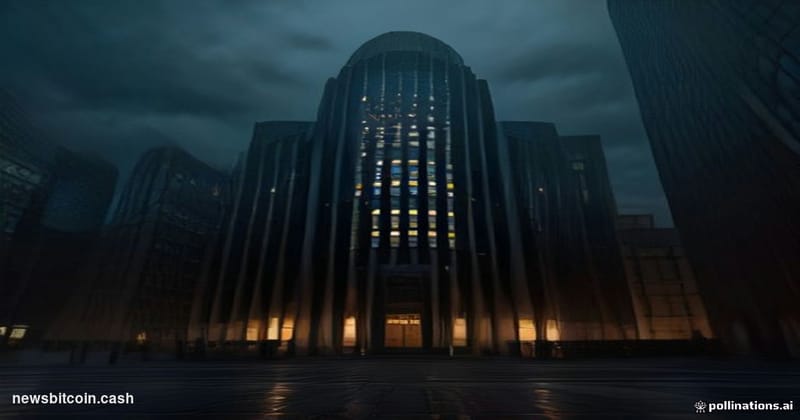 Cinematic photorealistic editorial photograph of the Financial Conduct Authority's London headquarters building at dusk, shot