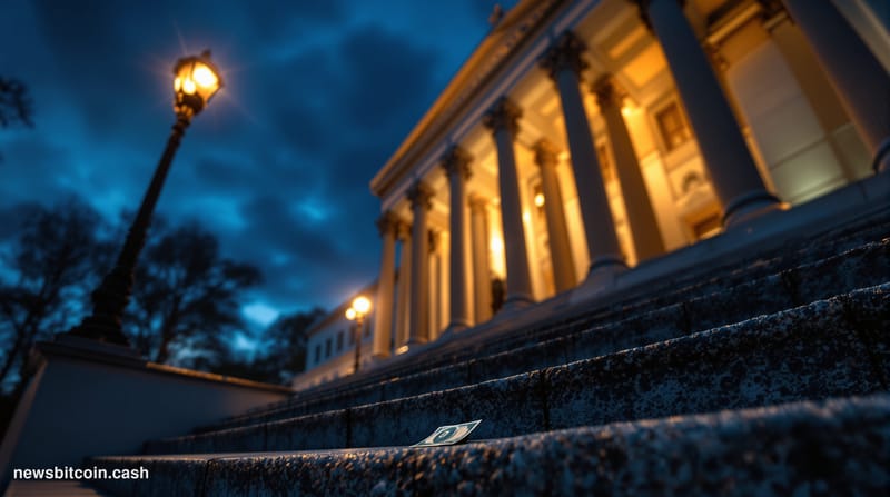 A dramatic wide-angle cinematic photograph of the United States Treasury building in Washington D.C., shot at dusk from a low