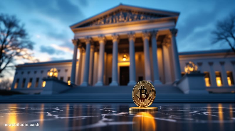 Cinematic photorealistic editorial photograph shot at a low angle looking up at the imposing neoclassical facade of the US De