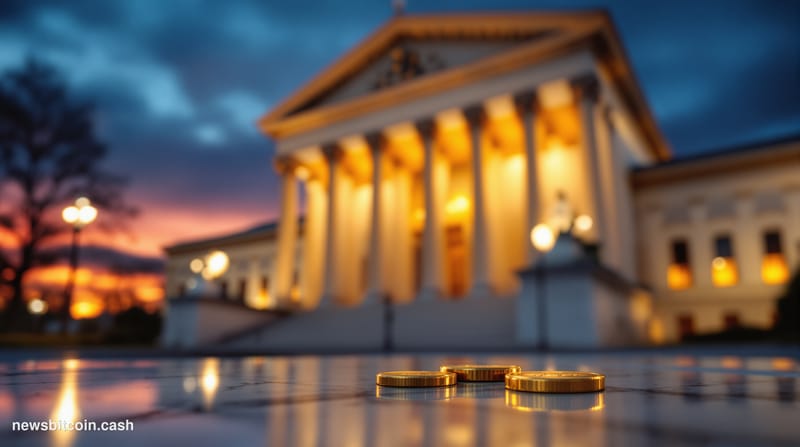 Cinematic photorealistic editorial photograph of the US Department of Justice headquarters in Washington D.C., shot from a lo