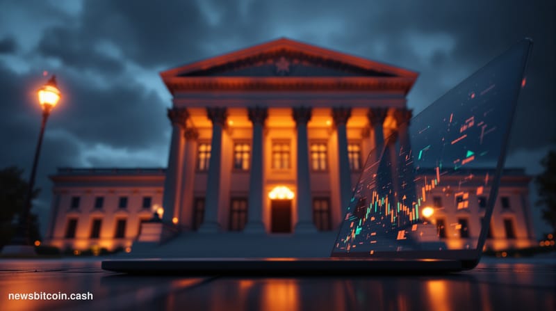 Cinematic photorealistic editorial photograph of the US Department of Justice headquarters in Washington D.C., shot from a lo