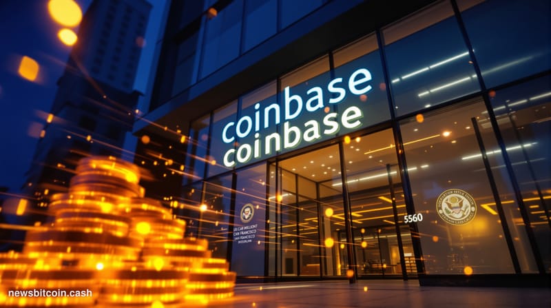 Cinematic photorealistic editorial photograph of the Coinbase San Francisco office exterior at dusk, shot from a low wide-ang