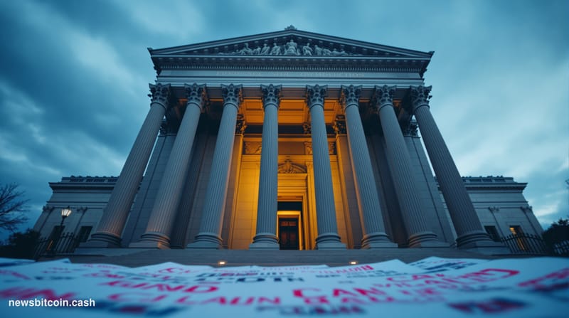Cinematic photorealistic editorial photograph shot at a low angle looking up at the imposing stone facade of the US Treasury 