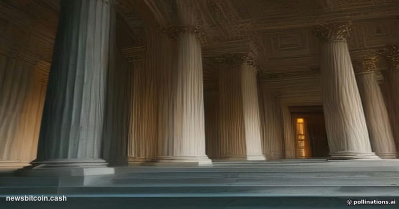 Cinematic photorealistic editorial photograph of the United States Treasury building in Washington D.C. at dusk, shot from a 