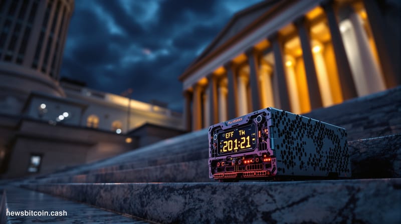 Cinematic photorealistic editorial photograph of the US Treasury Building in Washington D.C., shot from a low angle at dusk w