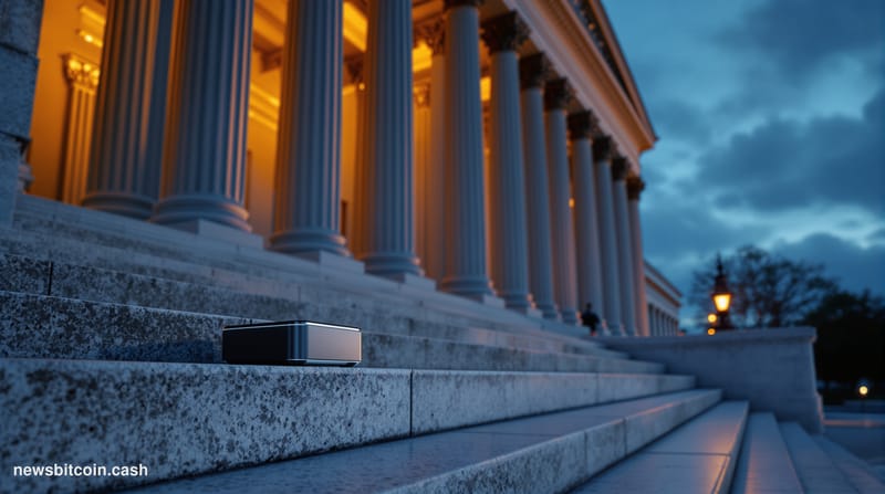 Cinematic photorealistic editorial photograph of the United States Treasury Building in Washington D.C., shot from a low angl