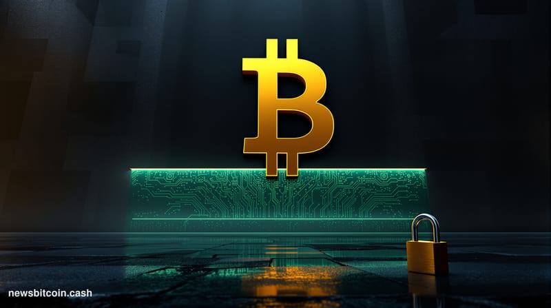 Cinematic photorealistic editorial photograph shot at ground level looking up at a massive golden Bitcoin symbol mounted on a