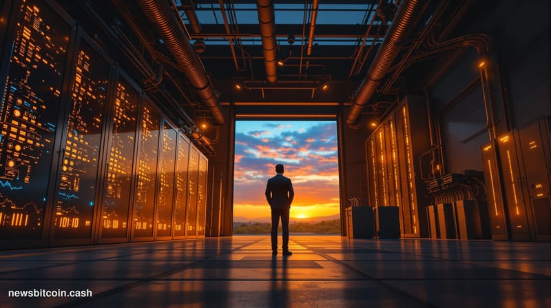 Cinematic photorealistic editorial photograph of a large-scale Bitcoin mining facility at dusk, shot from a low angle looking
