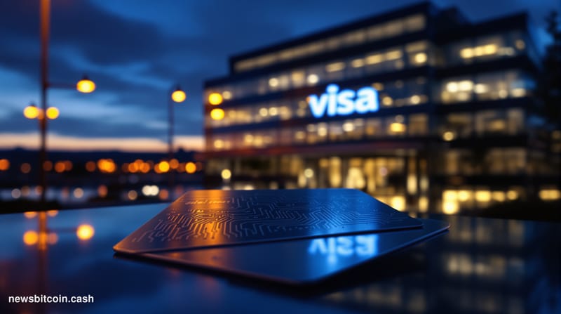 Cinematic photorealistic editorial photograph of the Visa corporate campus in Foster City, California, shot at dusk with warm