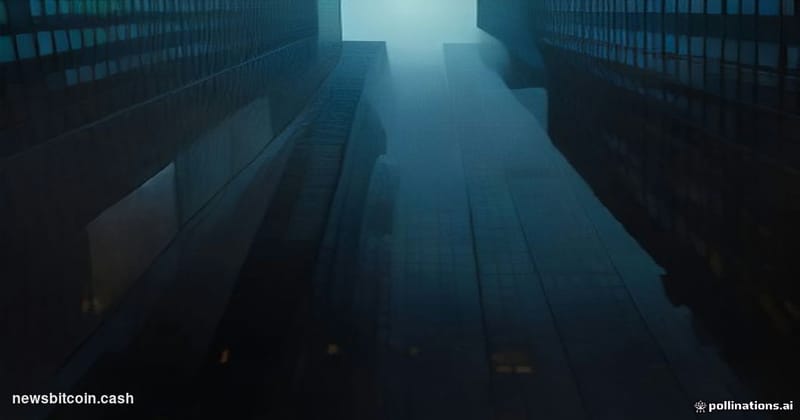 Cinematic photorealistic editorial photograph shot at low angle from street level looking up at a glass-and-steel Wall Street