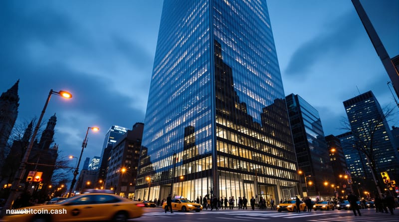 Cinematic photorealistic editorial photograph of the Warburg Pincus New York City office building exterior at dusk, shot from
