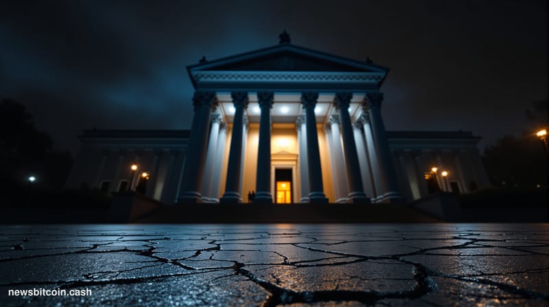 Cinematic photorealistic editorial photograph shot at a low angle looking up at the US Treasury Building in Washington D.C., 