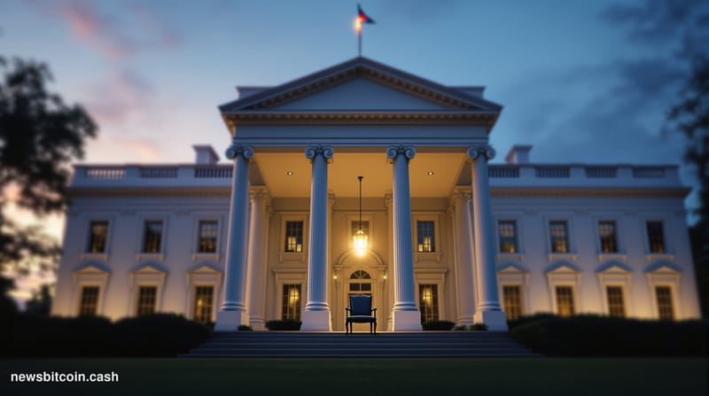 A cinematic photorealistic editorial photograph of the north facade of the White House at dusk, shot from a low angle with th