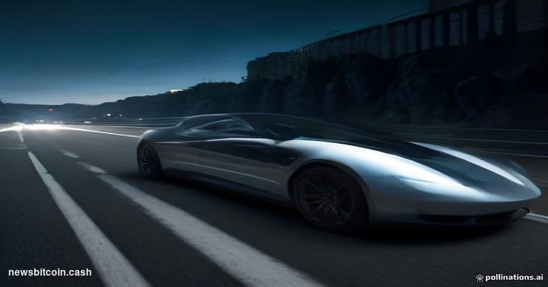 Cinematic photorealistic editorial photograph of a sleek, futuristic Tesla-branded flying vehicle hovering at low altitude ab