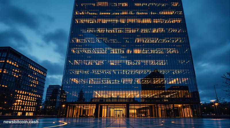 Cinematic photorealistic editorial photograph of a towering corporate headquarters building at dusk, its glass facade reflect