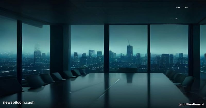 Cinematic photorealistic editorial photograph of a sleek, darkened financial district boardroom, shot from a low angle lookin