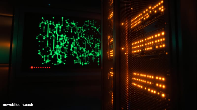 Cinematic photorealistic editorial photograph of a darkened server room with a single illuminated rack of blinking hardware i