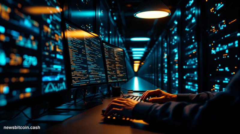 Cinematic photorealistic editorial photograph of a dimly lit data center corridor shot from a low angle, with server racks st